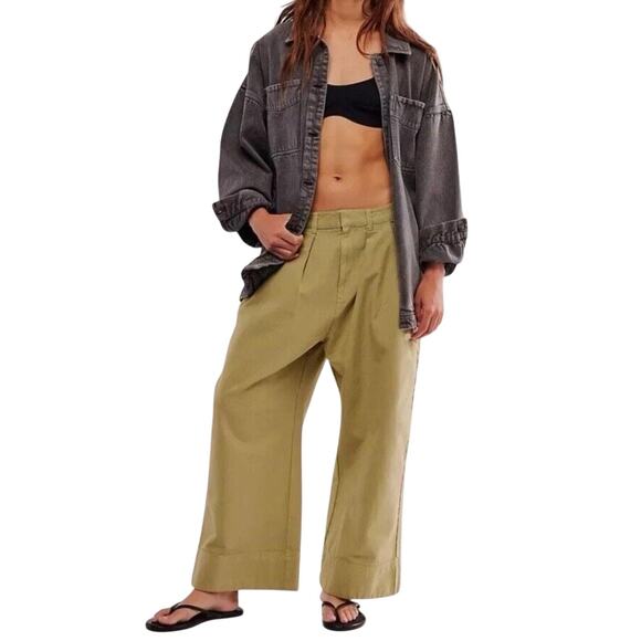 Free People Green Moss Sweet Talk Wide Leg Chino Cotton Linen Pant Size 6 - Picture 1 of 11